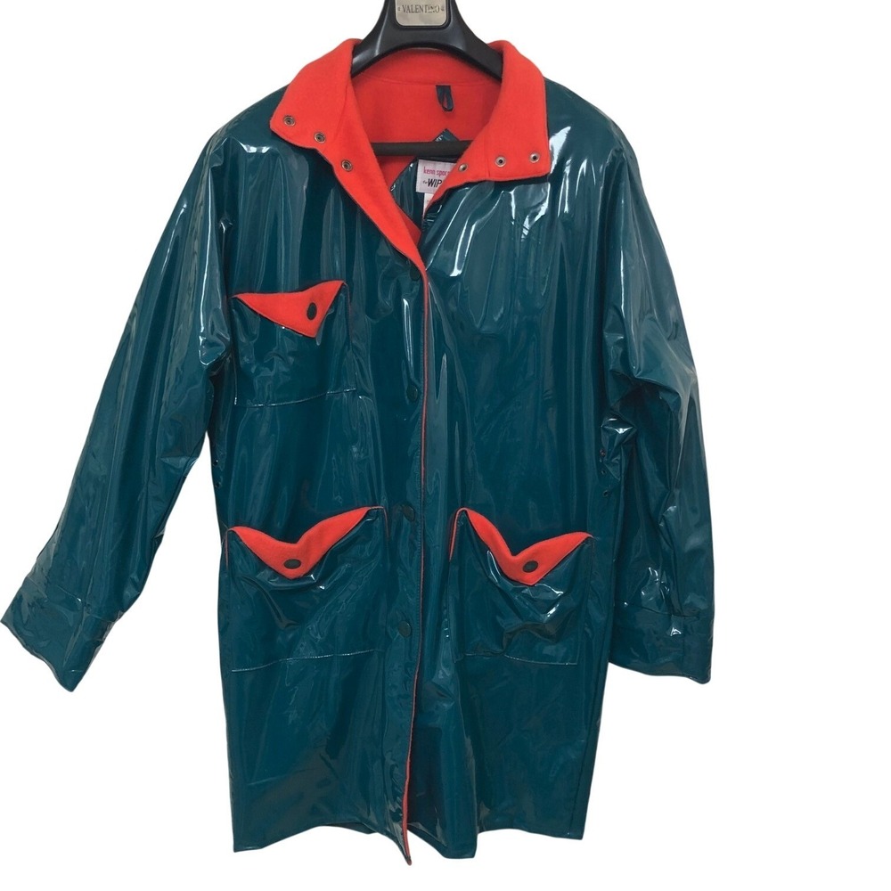 Vintage Kenn Sporn Wippette Womens Vinyl Trench Stadium Coat Teal Fleece Lined M
